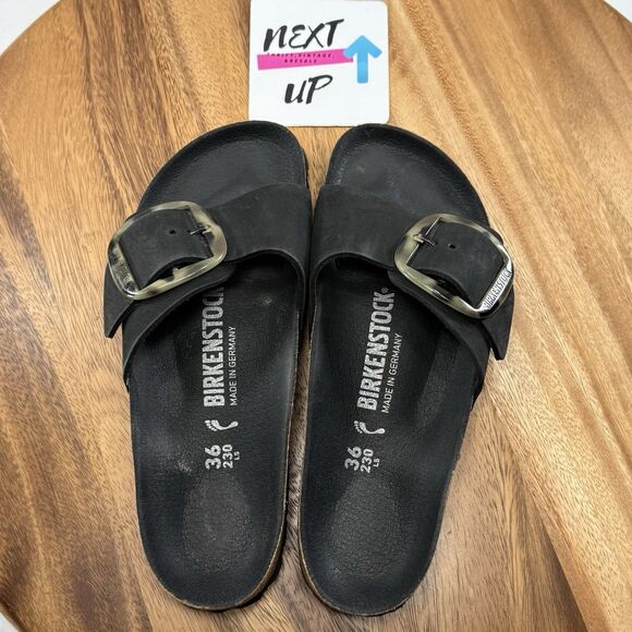 Women’s EU 36 US sz 5-Birkenstock Sandals Black Madrid Big Buckle Slide Leather - Picture 7 of 9